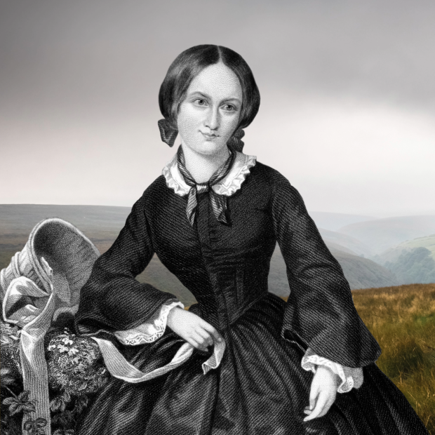 A black-and-white portrait of Emily Bronte set against a color photograph of English moorland
