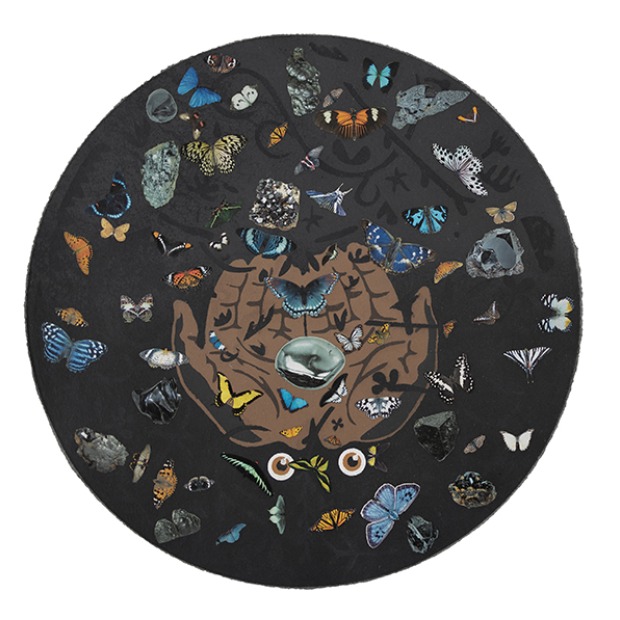 A round print featuring two cupped hands in the middle surrounded by butterflies