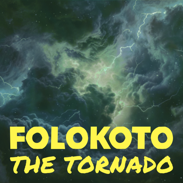 A dark and stormy maelstrom churns behind bold title text: Folokoto, the Tornado