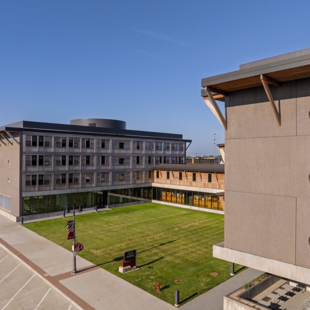 Drone photo of the exterior of Renfrow Hall