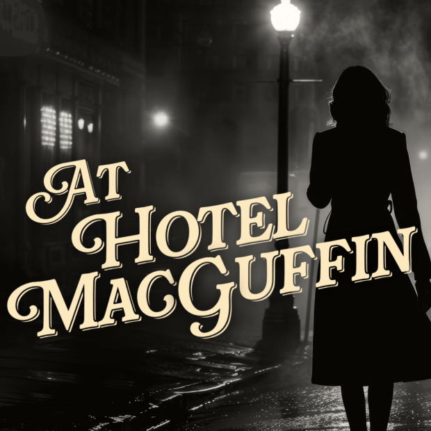 The title of the play is set in a retro font over a black and white image of a feminine figure walking down a lamp-lit street. The overall effect is noir-themed.