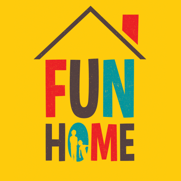 The words "Fun Home" are arranged in a square block, and a roof is drawn over the words to make an image suggestive of a house. The text is multicolored set in front of a yellow background.