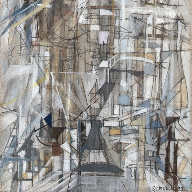 Abstract painting by Sonja Sekula, primarily in pale blues and grays.