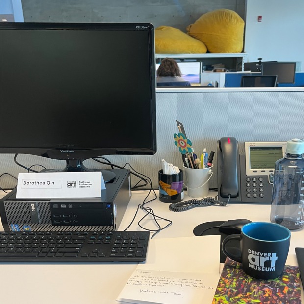 desktop computer with nameplate of Dorothea Qin