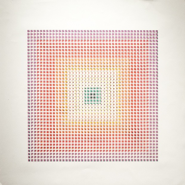 An abstract image of squares within squares, each composed of tiny squares within squares, in a gradation of colors, predominantly red into yellow.