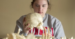Student looks at human skull