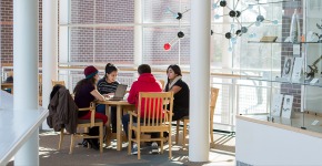 Group of students study in Noyce study nook