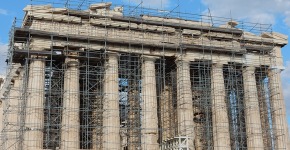 The Parthenon with scaffolding in front of it