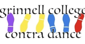 Shoe prints in purple, yellow, blue, and red with Grinnell College Contra Dance in black text