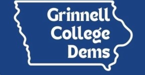 white text on a blue background reads Grinnell College Dems. Text is surrounded with a white outline of Iowa 