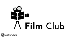 Film Club in black text on white background with black film camera made with laurel leaves design in body