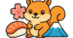 Illustration of squirrel surrounded by a cherry blossom, nigiri, and Fujiama with JCA in yellow text below