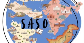 SASO in black text on a blue background with depictions of India, Nepal, Bangladesh, and Pakistan
