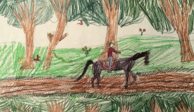 drawing of person riding dark horse down tree-lined lane