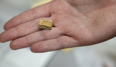 A researcher holds a small yellow artifact in their palm.