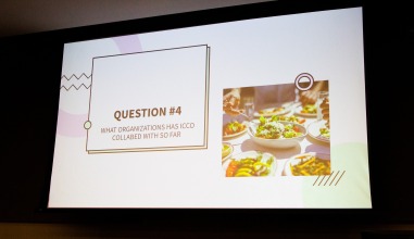 A PowerPoint slide that has a picture of a dish on the left, and a question on the right that reads, "What organizations has ICCO collabed (collaborated) with so far?"