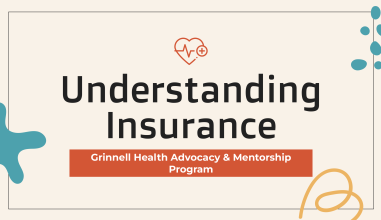 A PowerPoint slide with an orange and teal scheme. Text reads, "Understanding Insurance," with the GHAMP organization name written below.