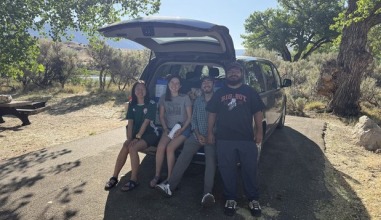 Enroute to the Wyoming dig site (Left to right): Students Avajane Lei '28, Julia Ghorai '27, Jorge Salinas '26, and Luis Lopez '27.