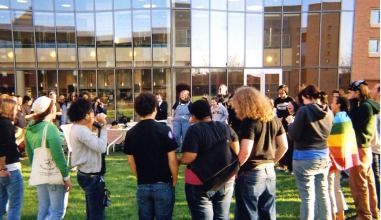 Students gather outside the Stonewall Resource Center.