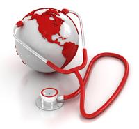 Red and white globe with red and white stethescope