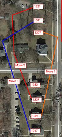 Map showing movement of houses on Park St in order: 1201 to 1307, 1227 to 1321, and 1217 to 1311