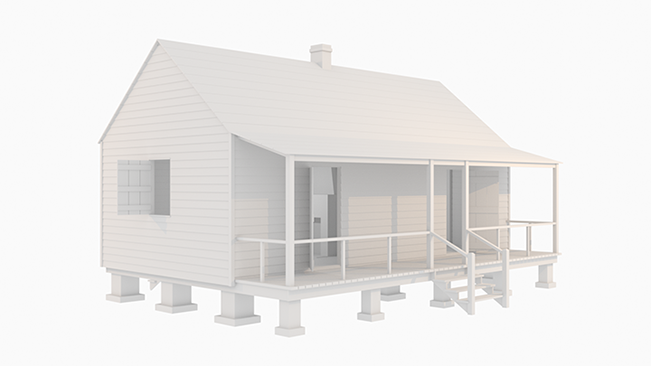 rendering of 19th century plantation slave cabin
