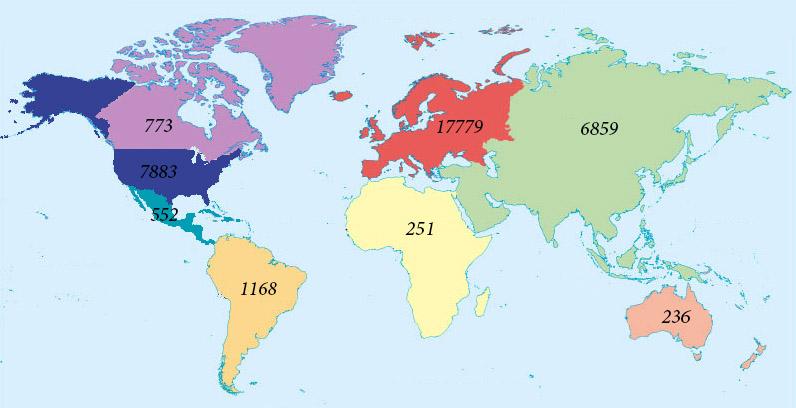 A world map, divided by region displaying the views of the Grinnell Singers video. 775 in Canada, 7883 in the United States, 552 in Central America, 1168 in South America. Europe has 17779 views, Africa has 251, Asia's total 6859 and Australia at 236