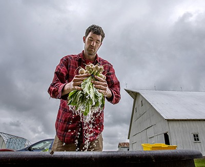 Jordan Scheibel washes radishes in a bucket