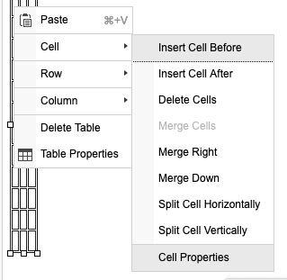 Cell properties dialog box