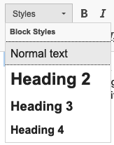 Styles dropdown expanded to show options for normal text and headings 2 through 4