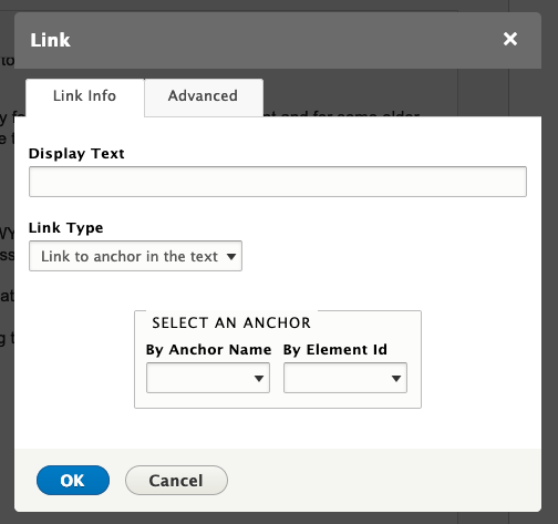 Link dialog box with link to anchor in the text selected and by anchor and by id options showing