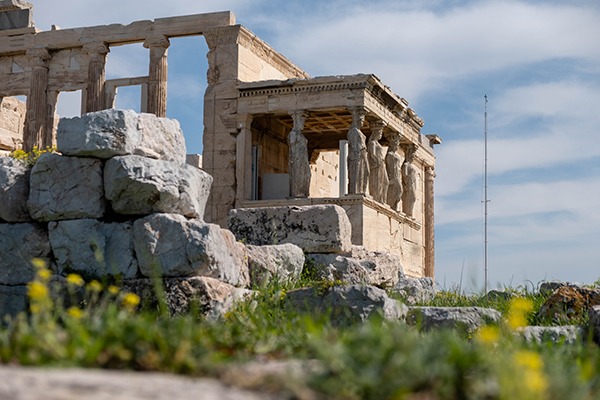 View of the Erechtheum, an ancient temple to the goddess Athena on the Acropolis in Greece