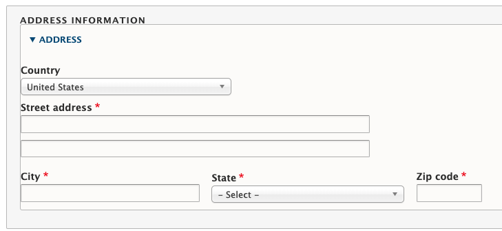 Address information fields showing country of United States with 2 address lines and fields for city state and zip