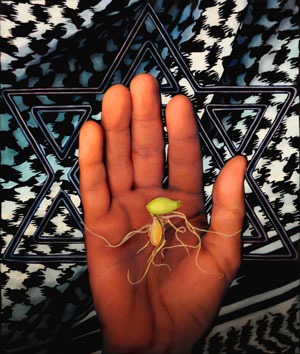 Star of David atop the kaffiyeh headdress with hand holding germinated seed