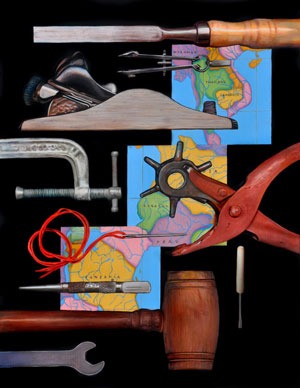 painting of tools: plane, gavel, vice, and maps