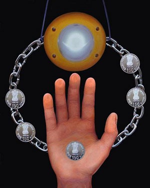 Painting of Indian coins, a chain around a hand, and a solar light
