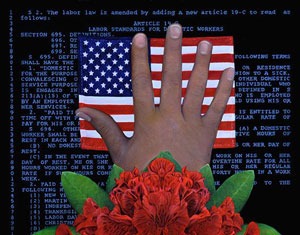 Painting flowers, hand, and American flag on a background of a labor standards document