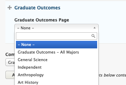 Graduate Outcomes Page with open drop-down list showing independent and the beginning list ofmajors