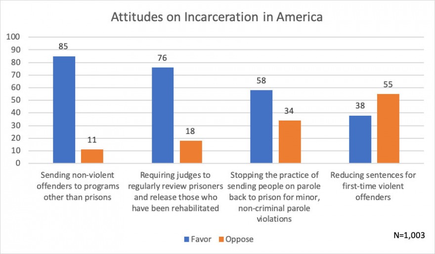 Chart of percentage of particants responding in favor or opposed to the four incarcertion questions described in news article