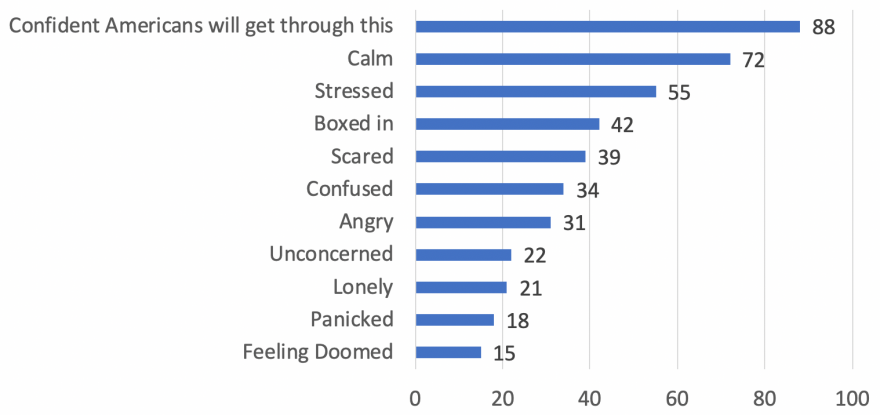 Bar graph showing 88% confident America will get through this, 72% calm, 55% stressed, 42% boxed in, 34% confused, 31% angry, 22% unconcerned, 21% lonely, 18% panicked, 15% feeling doomed