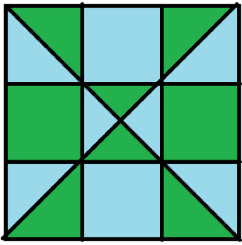 9 square with diagonals colored in alternating blue and green
