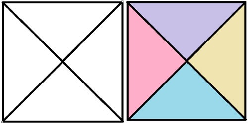 Square divided by lines between opposing corners and a similar square with different colors in each quadrent