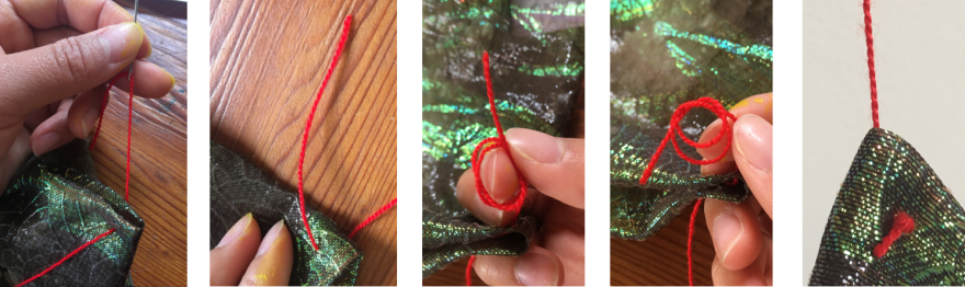 Images of sewing through fabric and tying a knot