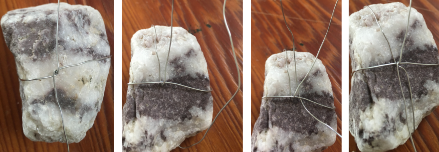 Images of a rock with wire around it