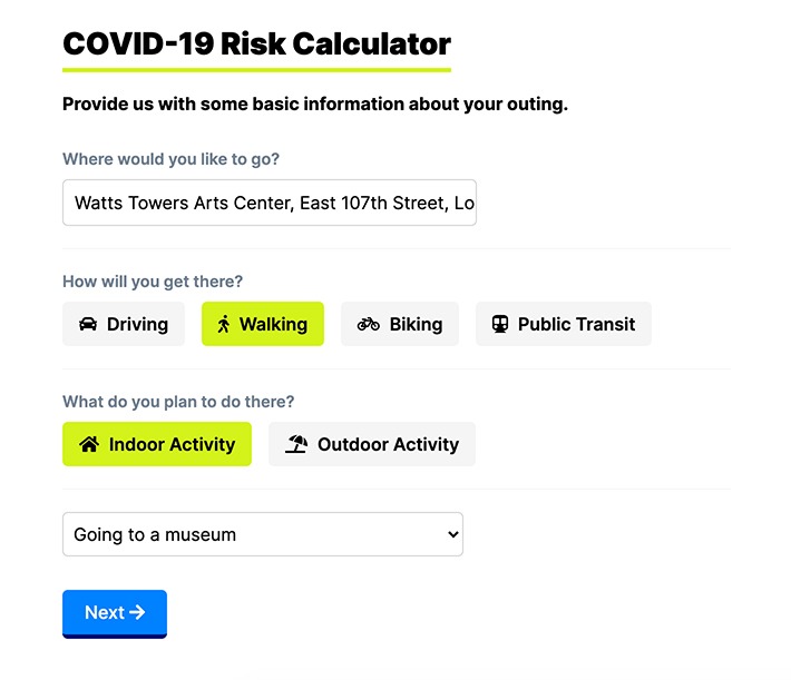 Screenshot of a COVID-19 risk calculator website