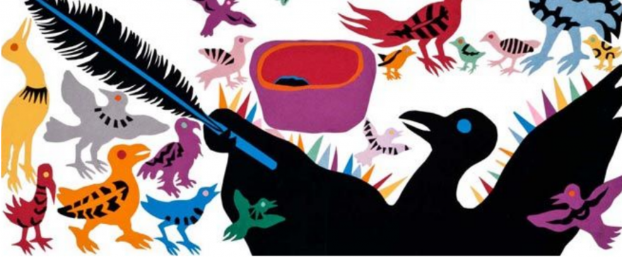 Alt text: Colorful birds receive black strips from a large blackbird