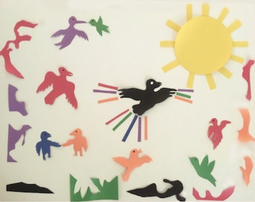 Alt text: A group of colorful birds surround a blackbird as it flies towards the sun