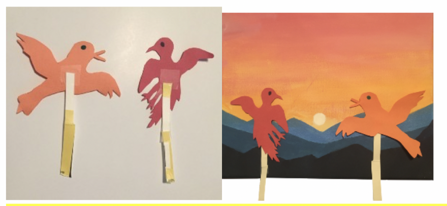 Alt text: Left: birds with sticks taped to their backs. Right: puppet birds flying over a landscape