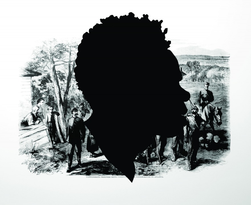Silhouhette of a Black person's profile laid over a monorchome image of prisoners