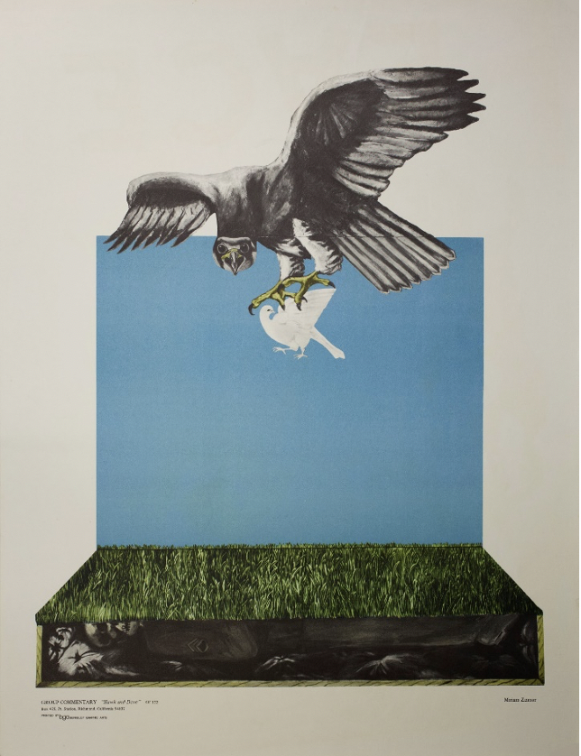 Hawk talons above white dove against blue sky green grass above military skeletonin dark grave